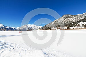 Snowy landscape with ski trails