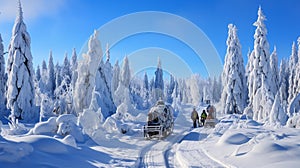 A snowy landscape with sleighs and sleds ready for a ride through the winter wonderland.