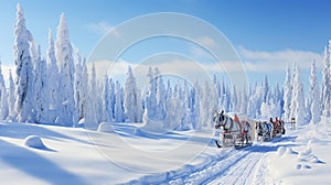 A snowy landscape with sleighs and sleds ready for a ride through the winter wonderland.