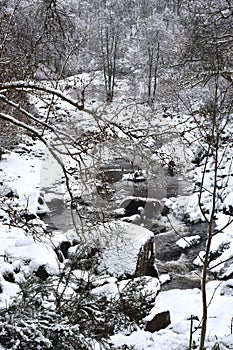 A snowy landscape with a stream and snow covered trees