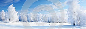 Snowy landscape at sunny day, frozen trees in winter, blue sky, banner. Generative ai