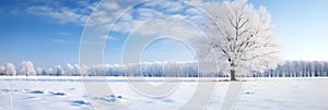 Snowy landscape at sunny day, frozen trees in winter, blue sky, banner. Generative ai