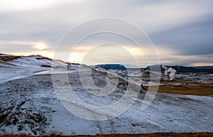 Snowy landscape at sunset near Hverir, Iceland