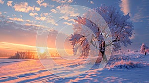 Snowy landscape with a tree and a sunset in the background