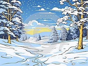 Snowy Landscape With Trees And A Blue Sky