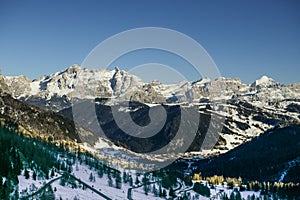 Snowy landscape of val Badia in the Dolomites, South Tyrol, Italy