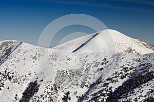 Snowy landscape view of hills from national park Mala Fatra.