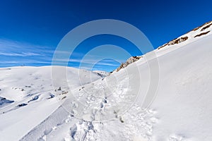 Snowy Landscape in Winter on the Lessinia Plateau and Peak of Monte Tomba - Italy