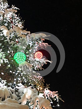 Snowy lighted Christmas tree with glowing bulbs