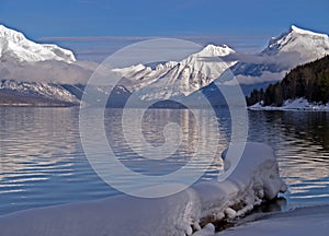 Snowy Log, Lake and Mountains