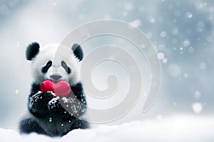 Snowy Love: Cute Panda Hugging a Red Heart in Winter Wonderland. Generative ai