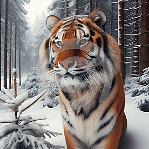 Snowy Majesty: The Formidable Tiger in Winter Wilderness. photo