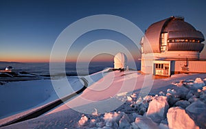 Snowy Mauna Kea Observatory at Sunset Gemini North Telescope