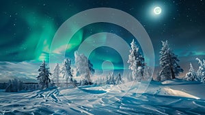 A snowy meadow tered with delicate frostcovered trees shimmering in the moonlight and reflecting the vibrant colors of