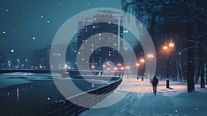 Snowy Metropolis: A Midnight Stroll./n