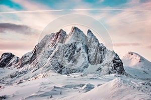 Snowy mount with colorful sky on Segla mountain in Senja island on winter at Norway