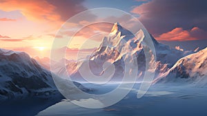 Snowy mountain background with gorgeous sunset scenery, Generative AI