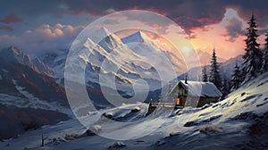 Snowy Mountain Cabin Scenery: Speedpainting Style Desktop Image photo