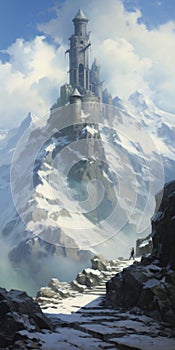 Snowy Mountain Castle: A Majestic Illustration In The Style Of Magali Villeneuve