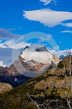 Snowy mountain in the Fitz Roy mountain range in El Chalten Argentina, Argentine Patagonia