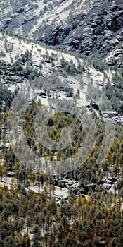 Snowy Mountain Forest In Dark Silver And Yellow
