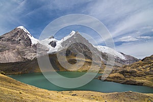 Snowy mountain and lagoon of ausangate trek