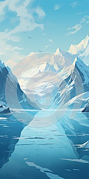 Snowy Mountain Lake: Hyper-detailed Illustration Of A Fictional Landscape