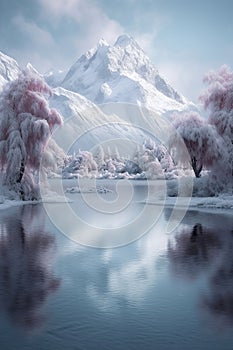 a snowy mountain landscape with pink trees, reflecting in a tranquil lake under a clear sky