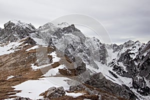 Snowy mountain landscape in Slovenian Alps