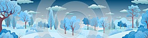 Snowy mountain landscape. Vector blue silhouette of mountains, hills and forest. Holiday background with pine, spruce, Christmas t