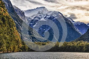 Snowy mountain in the Milford Sound, New Zealand