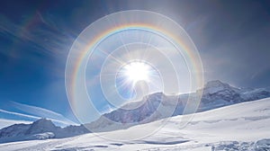 The snowy mountain peak is adorned by a full circle rainbow and solar halo in a majestic, crystal clear sky