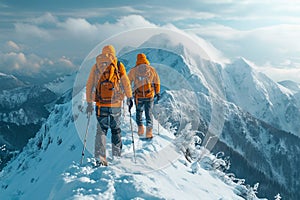 Snowy mountain peak adventures Couples conquering winter heights together