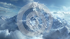 Snowy mountain peak in harsh winter with photorealistic details and swirling clouds