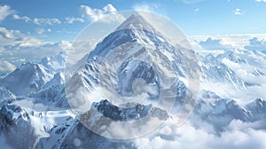 Snowy mountain peak in harsh winter photorealistic scene with swirling clouds and icy details