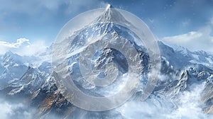 Snowy mountain peak in harsh winter with swirling clouds and ultrarealistic details