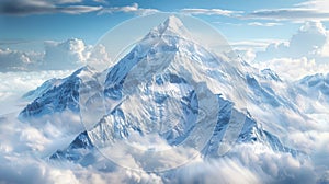 Snowy mountain peak in harsh winter weather with swirling clouds and icy details