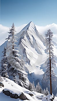 Snowy mountain peak with pine trees and clear sky illustration Artificial intelligence artwork generated
