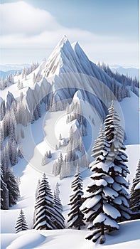 Snowy mountain peak with pine trees and clear sky illustration Artificial Intelligence artwork generated