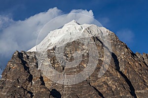 Snowy mountain peak view from the foot in.