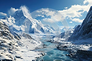 a snowy mountain range with river flowing into the valley, and snow covered mountains in