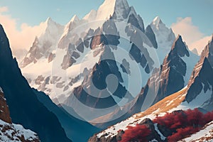 A snowy mountain range with trees and clouds image generated by Ai