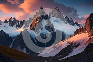 A snowy mountain range with trees and clouds image generated by Ai