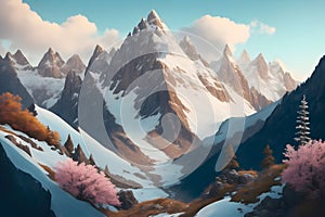 A snowy mountain range with trees and clouds image generated by Ai