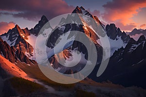 A snowy mountain range with trees and clouds image generated by Ai photo