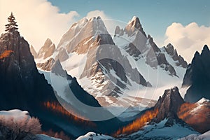 A snowy mountain range with trees and clouds image generated by Ai photo
