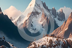 A snowy mountain range with trees and clouds image generated by Ai