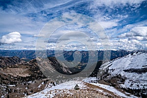 Snowy mountain ridges in the Bridger-Teton National Forest of Wyoming, on a summit