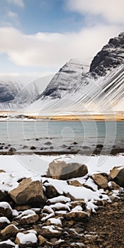 Snowy Mountain With Rocks: A Lively Coastal Landscape In The Style Of Scarlett Hooft Graafland