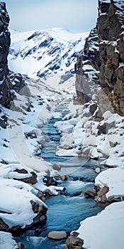 Snowy Mountain Stream: A Captivating Landscape In Imagon 300mm F58